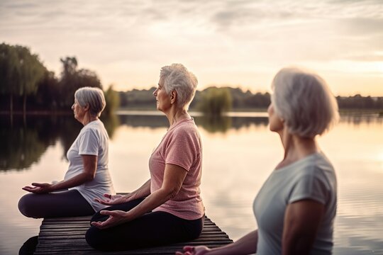 Three senior women, retired, practice yoga cross-legged in front of a beautiful lake. Ai generated.