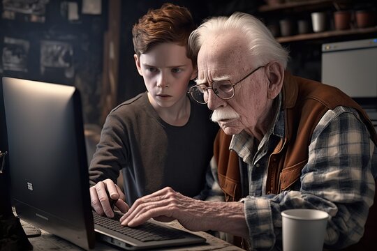 A grandson helps his grandfather with the computer and technology. AI generated.