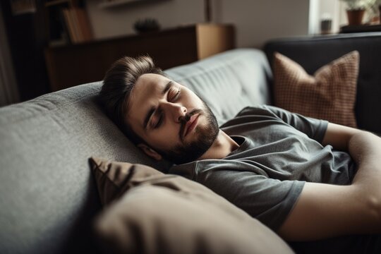 A young man falls exhausted and tired in the sor&aacute; at home, for a nap after exhausting work. Ai generated.