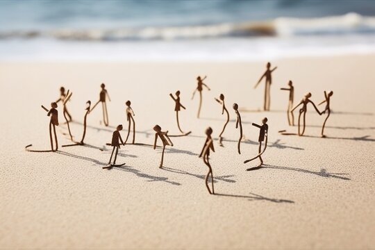 Illustration of a crowd of unrecognizable human figures on the beach sand, dancing. Ai generated.