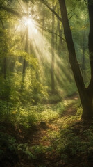 Fototapeta premium Beautiful rays of sunlight in a green forest. AI generative