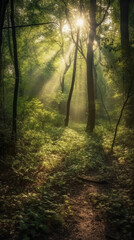 Obraz premium Beautiful rays of sunlight in a green forest. AI generative