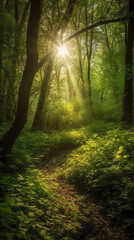 Obraz premium Beautiful rays of sunlight in a green forest. AI generative