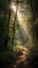 Fototapeta premium Beautiful rays of sunlight in a green forest. AI generative