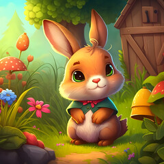 A smiling cute rabbit in a green dress sits in a garden between tall grass, flowers and other flora. Generative AI
