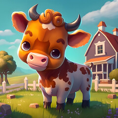 Cute cartoon cow on the field, farm house behind. Generative AI illustration