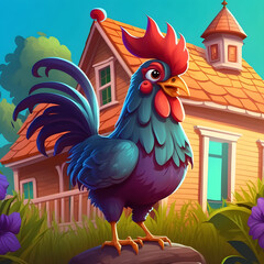 Rooster in cartoon style crowing at sunrise, standing on a rock, farmhouse in the background. Generative AI