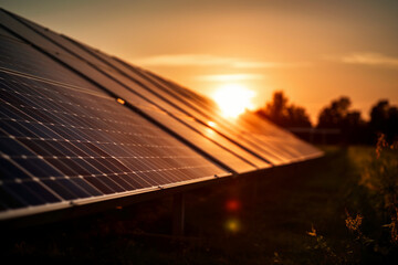 Close - up shot of a solar photovoltaic panel with a beautiful sunset in the background, showcasing the renewable energy concept. AI generative