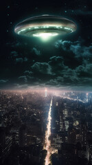 Fototapeta na wymiar A UFO flies over a crowded city at night. AI generated image.