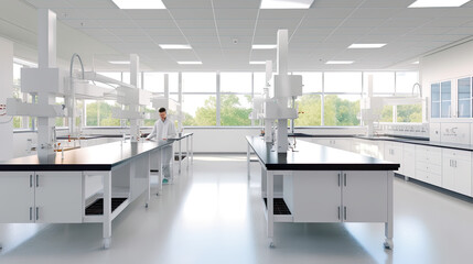 Fototapeta na wymiar A lab with white cabinets and a black chair. AI generative clean laboratory interior