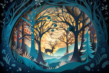 Fairy tale, Christmas scene, winter window, wonderland, paper cut craft, paper illustration. AI generative