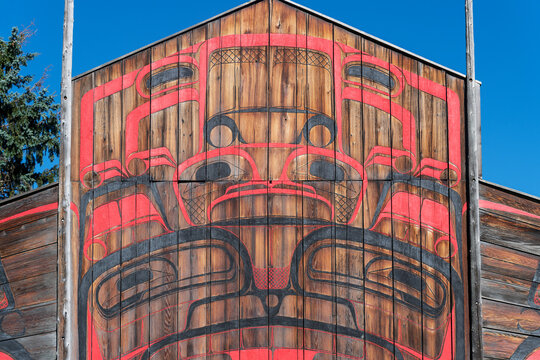 Traditional long houses of Gitxsan First Nations, Ksan historical village, Old Hazelton, BC, Canada.