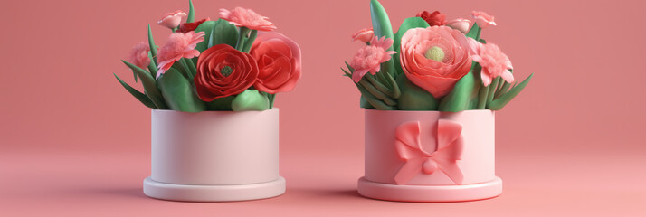 Mother's Day, Mom's Day or Women's Day or Valentines day flowers composition with hearts and copy space on pastel background. AI generative