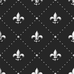 Vector Seamless Pattern with Vintage 3d Realistic Metal Silver Color Fleur De Lis Closeup on Black Background. Heraldic Lily, Front View. Vector Illustration