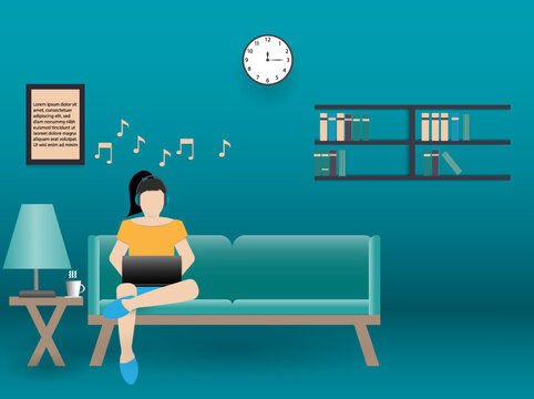young woman sitting on sofa in living room at home using laptop computer working while listening to music with melody song icon above, paper cut design vector illustration