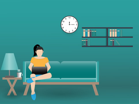 young woman sitting on sofa in living room at home using laptop computer working blue background, paper cut design vector illustration