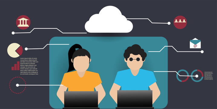 man with woman using laptop computer working with icon  technology above, paper cut design vector illustration