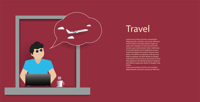 A man sitting at home using laptop computer notebook booking airplane with cup of hot coffee , paper cut design vector illustration, Business Travel holiday summer vacation Concept