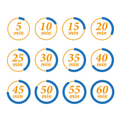 Minute timer icons set. Icons for one minute, five, ten, fifteen or more minutes. The arrow indicates the limited cooking time or deadline for an event or task. Vector illustration. 