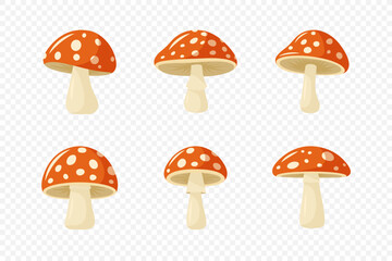 Vector Hand Drawn Cartoon Flat Mushroom Icon Set. Amanita Muscaria, Fly Agaric Illustration, Mushrooms Collection. Magic Mushroom Symbol, Design Template