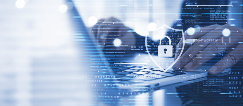 Cyber security network system, data protection concept. Businessman using laptop computer with digital padlock, data encryption technology, cybersecurity Internet access