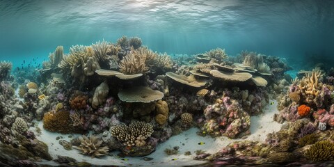 Naklejka na ściany i meble coral reef sea underwater panorama view, coral barrier, generative AI