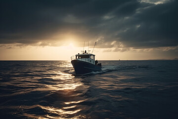 Obraz premium fishing boat on the sea water at sunset or sunrise, fishermen on a trawler, cloudy day, generative AI
