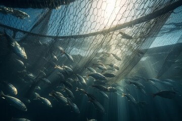 fishing net into the water catching a group of fish, underwater view, fish group shoaling and schooling being fished, generative AI