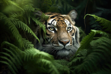 A sabertoothed tiger stalked through a thicket of lush ferns its eyes focused on a nearby deer.. AI generation. Generative AI