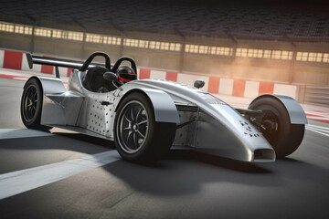 A sleek silver race car passing the checkered flag after an intense time attack lap. Speed drive concept. AI generation. Generative AI