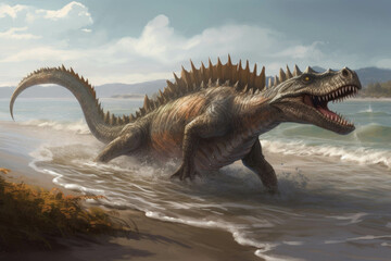 A monstrous Spinosaurus prowling the shoreline beside a primordial sea.. AI generation. Generative AI