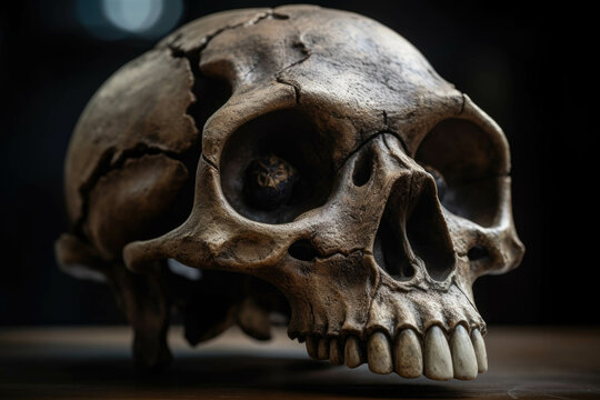 Impressive skull of a prehistoric beast with its hollowed eyes staring out over millions of years.. AI generation. Generative AI