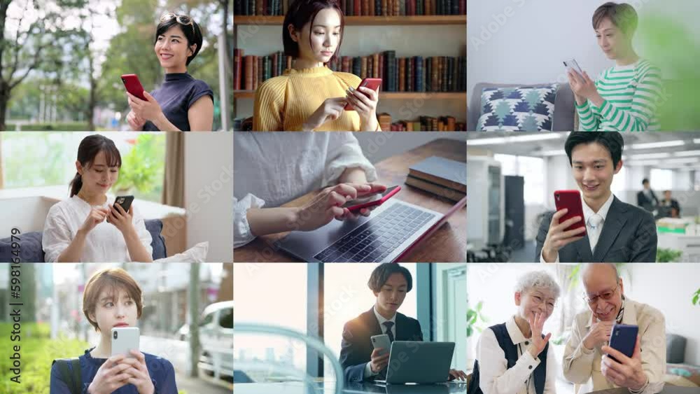 Poster スマホを使う人々のコラージュ映像　白バックからのワイプトランジション