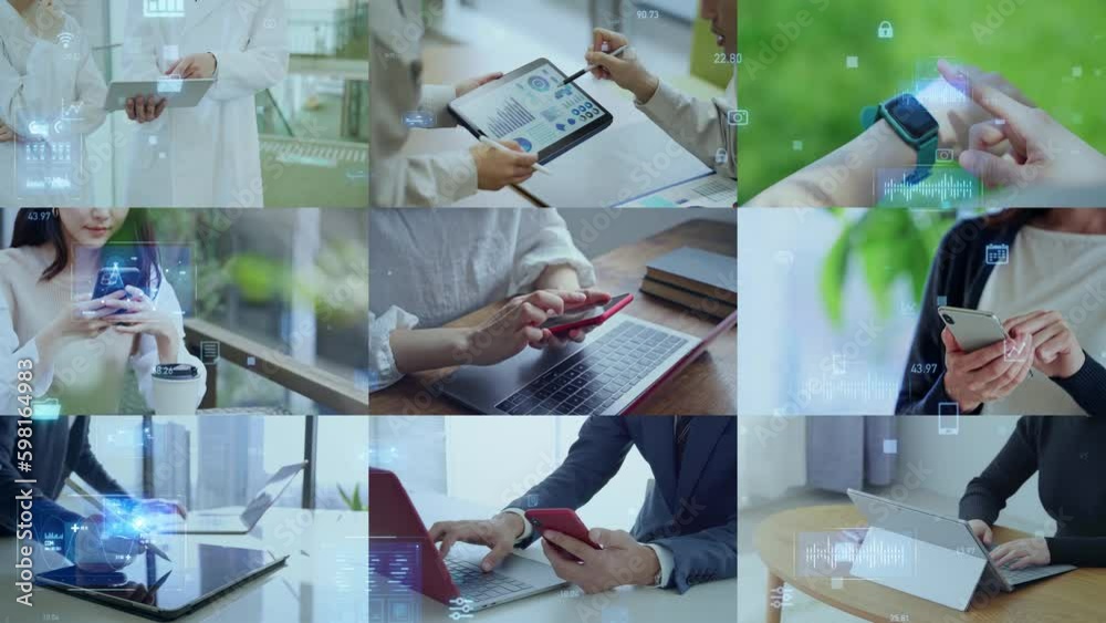 Aufkleber モバイルデバイスを使う人々のコラージュ映像　白バックからのワイプトランジション