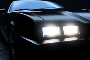 A closeup of a black stock car with silver detailing on the hood and headlights. Speed drive concept. AI generation. Generative AI
