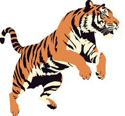 Tiger Jumping Flat Illustration Vector Design, Animals Big Cat Jungle Illustration