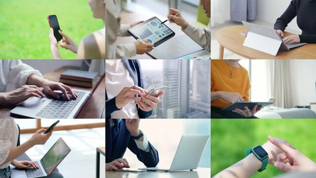 Collage movie of people using various digital devices concept. Wipe transition from white background.