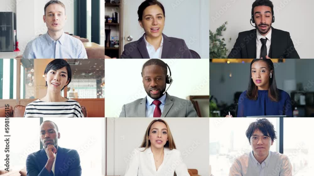 Poster collage movie of multinational people talking with video calling. transition from white background.