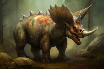 A fierce Triceratops brandishing three deadly horns.. AI generation. Generative AI