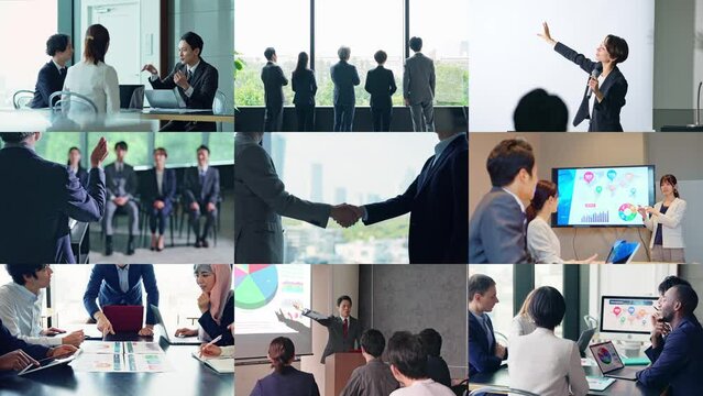 Collage movie of various business scenes concept. Wipe transition from white background.
