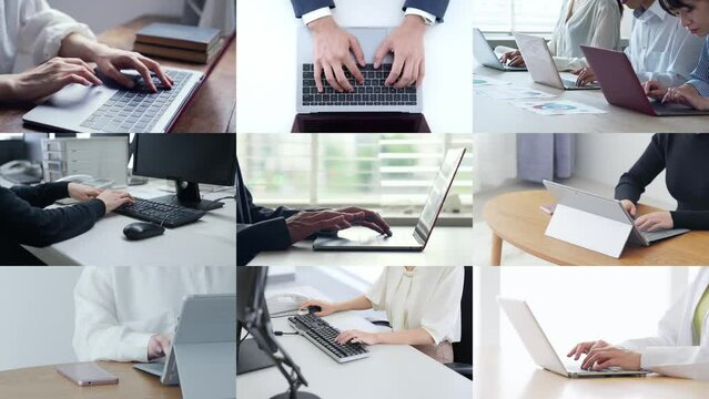 Collage movie of people using personal computers concept. Wipe transition from white background.