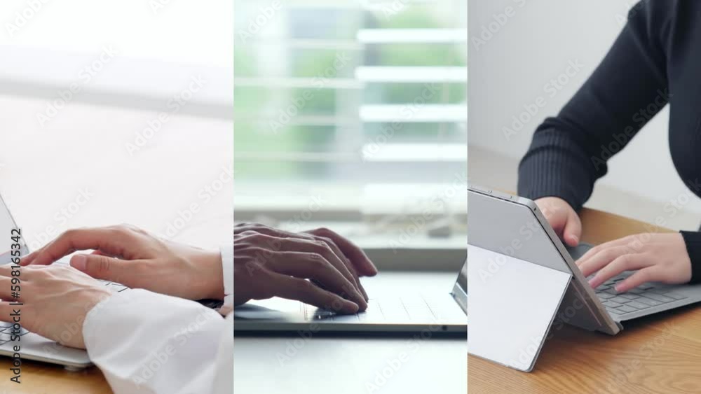Poster Collage movie of people using personal computers concept. Wipe transition from white background.