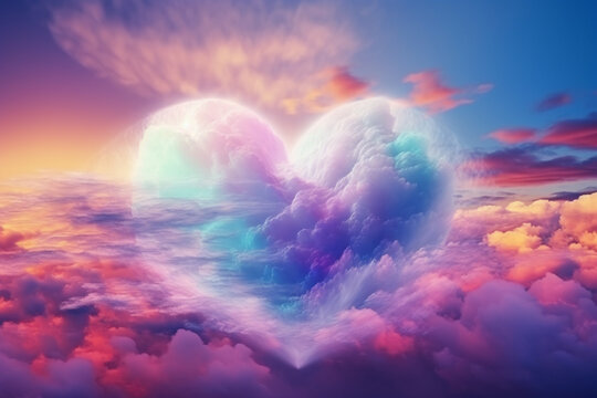 Beautiful colorful Valentine day heart in the clouds. Generative AI Generative AI