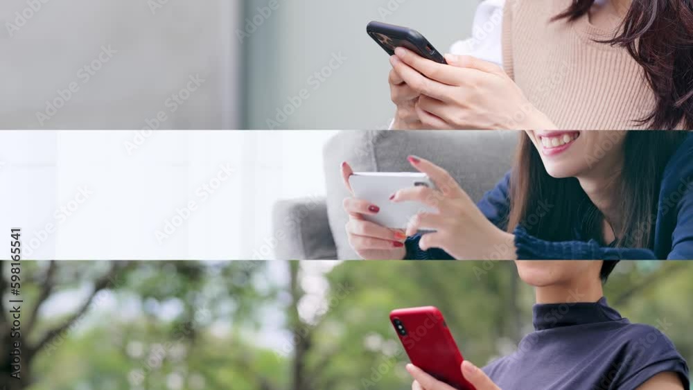 Poster スマホを使う女性のコラージュ映像　白バックからのワイプトランジション