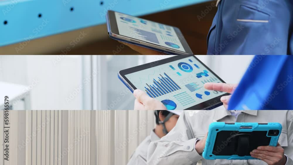 Poster collage movie of engineer inspecting equipment using a tablet concept. wipe transition from white ba