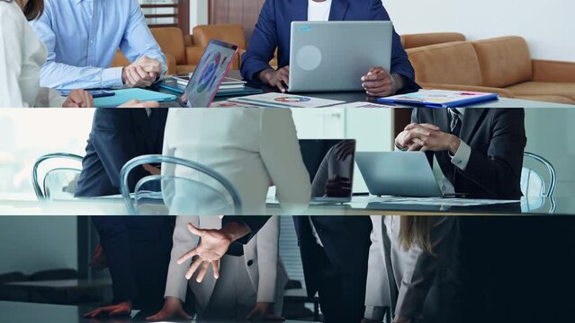 Collage movie of various business scenes concept. Wipe transition from white background.