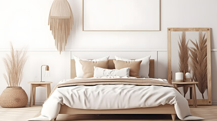 Horizontal frame mockup in boho bedroom interior with wooden bed, beige fringed blanket, cushion with tassels, dried pampas grass, basket and wicker lamp on white wall. 3d rendering, 3d illustration