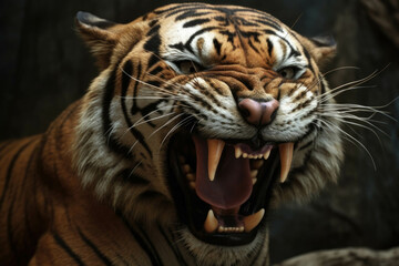 Plakat A fierce sabertoothed tiger its claws extended in a threatening display.. AI generation. Generative AI