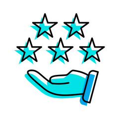 giving five stars rating with hand blue icon thin line outline