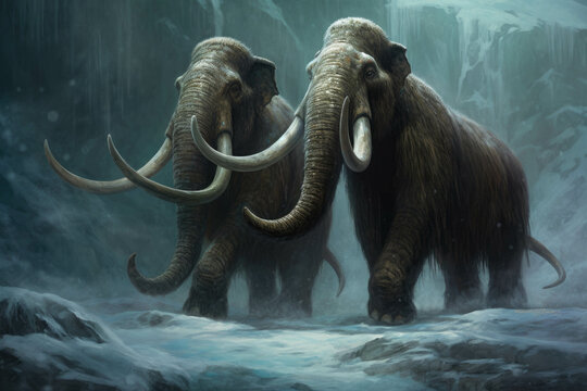 Two Mammoths frozen in time their tusklocked battle forever captured in a deep icy tomb.. AI generation. Generative AI